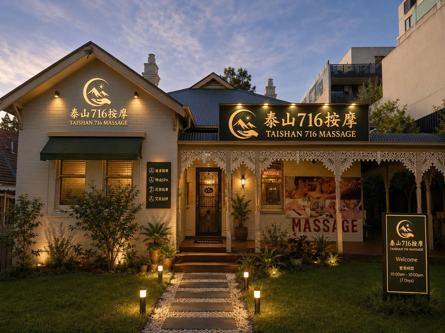 Dusk exterior of the heritage Victorian cottage — gold fascia sign illuminated on cream brick and iron-lace verandah